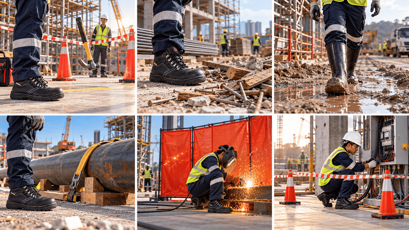 Construction foot hazards including falling objects, nails, mud, pipes, sparks and electrical work