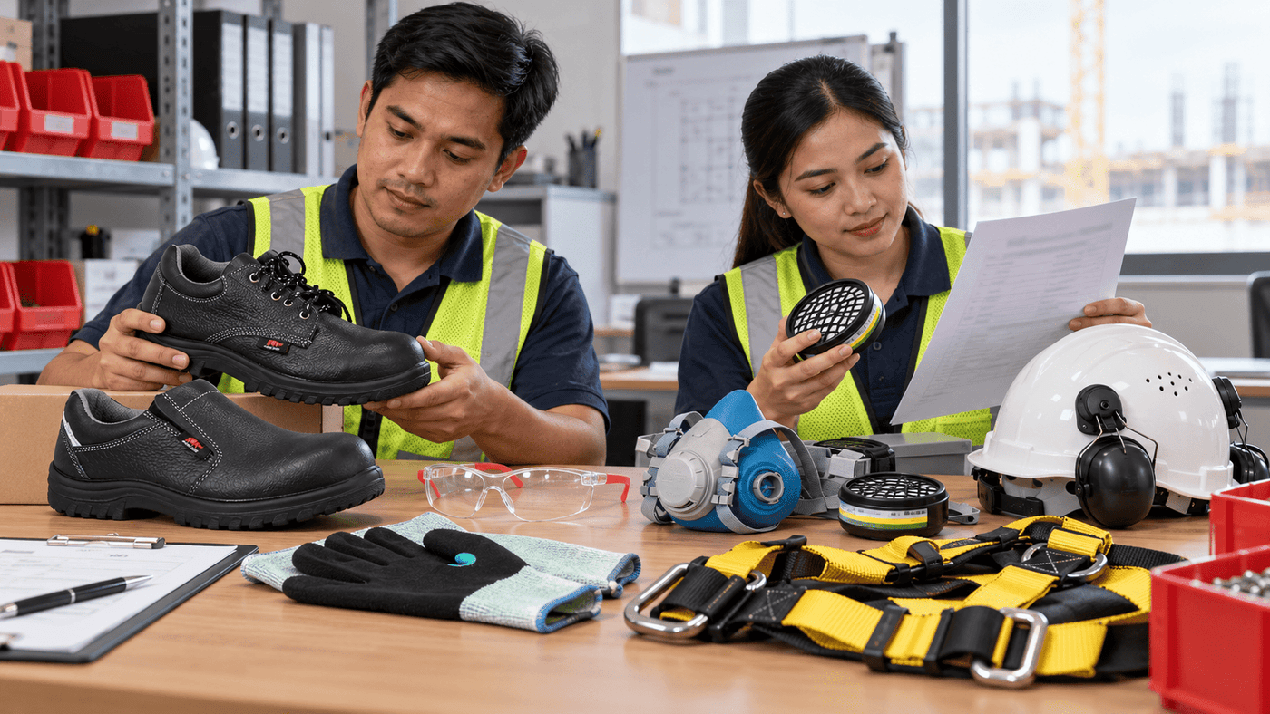 Safety officer and buyer checking construction PPE condition, product labels and supporting documents.