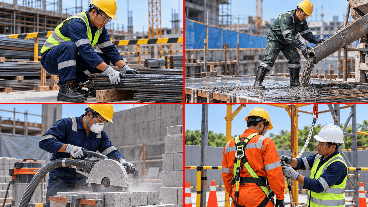 Task-specific PPE for steel handling, concrete work, masonry cutting and fall-protection training.