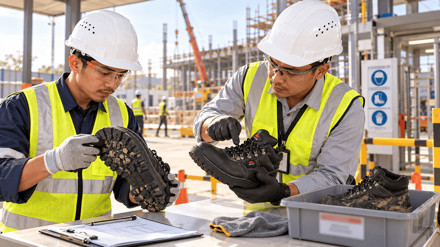 Construction worker and safety supervisor inspecting safety boot tread, seams and toe condition