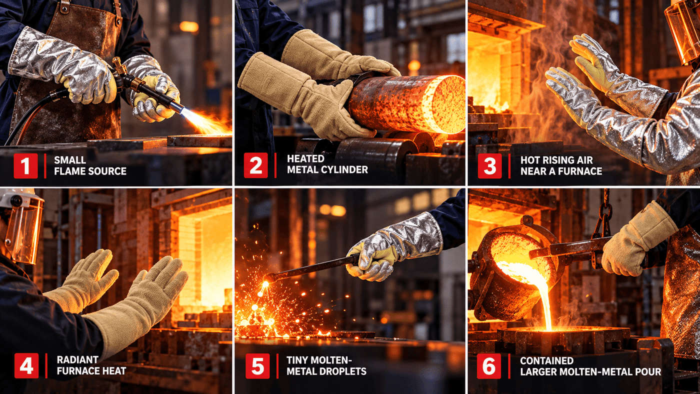 Six thermal hazards evaluated by EN 407 for protective heat-resistant gloves
