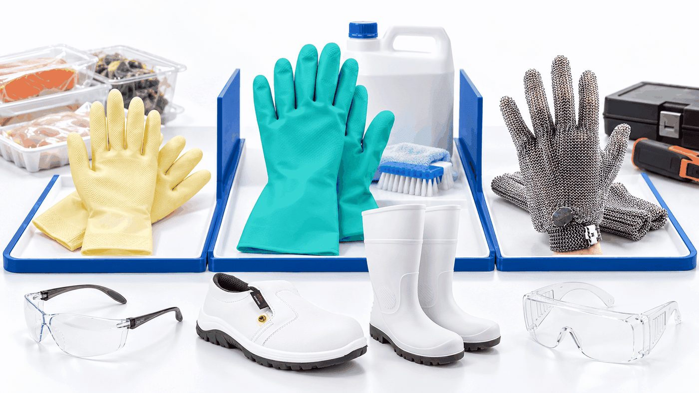 Food-handling, chemical-cleaning and cut-protection gloves displayed separately for task selection.