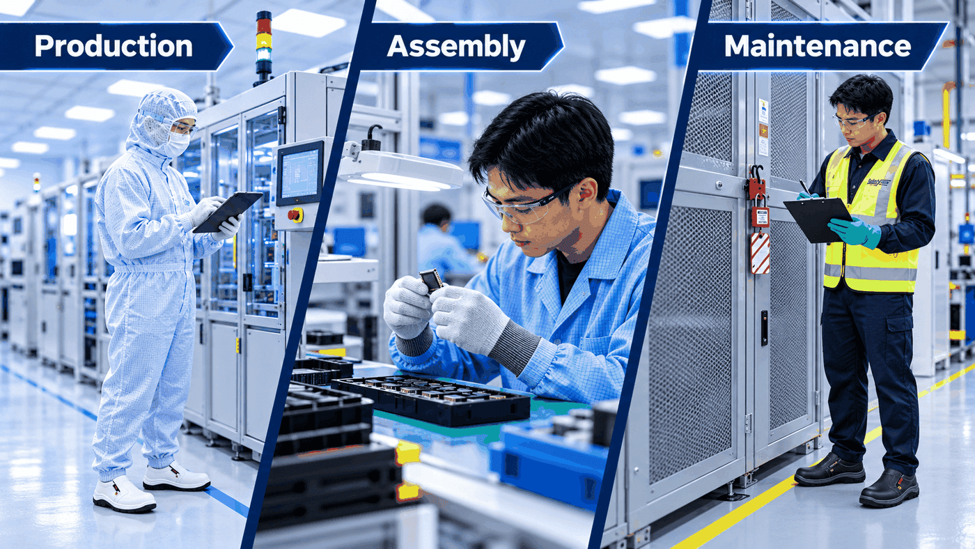 Semiconductor production, assembly and maintenance tasks with different PPE selection needs.