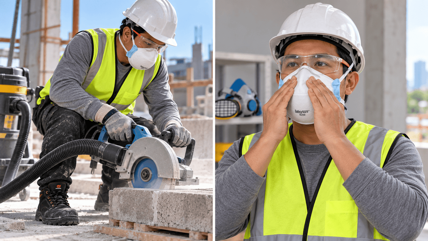 Masonry dust extraction and a separate demonstration of a construction worker checking a respirator seal.