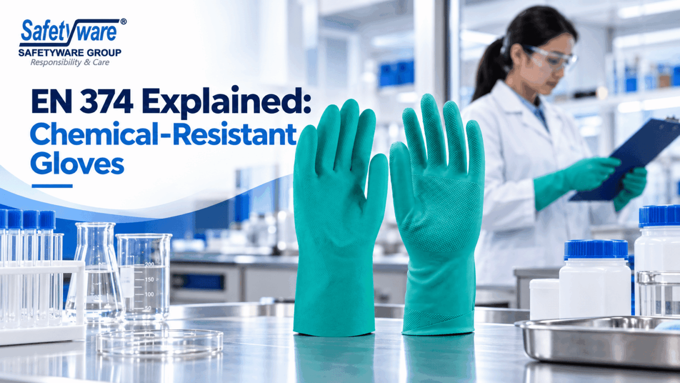 SAFETYWARE chemical-resistant gloves displayed for an EN 374 selection guide.