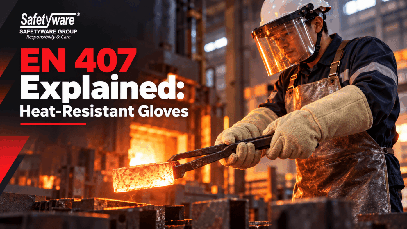 Worker wearing SAFETYWARE EN 407 heat-resistant gloves while handling hot metal safely
