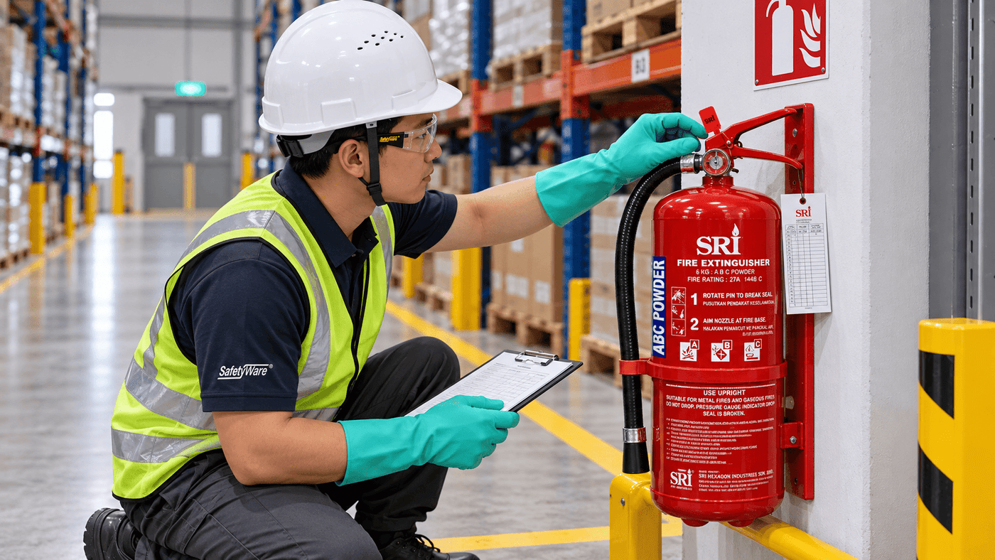 SAFETYWARE technician checking fire extinguisher condition label and service record