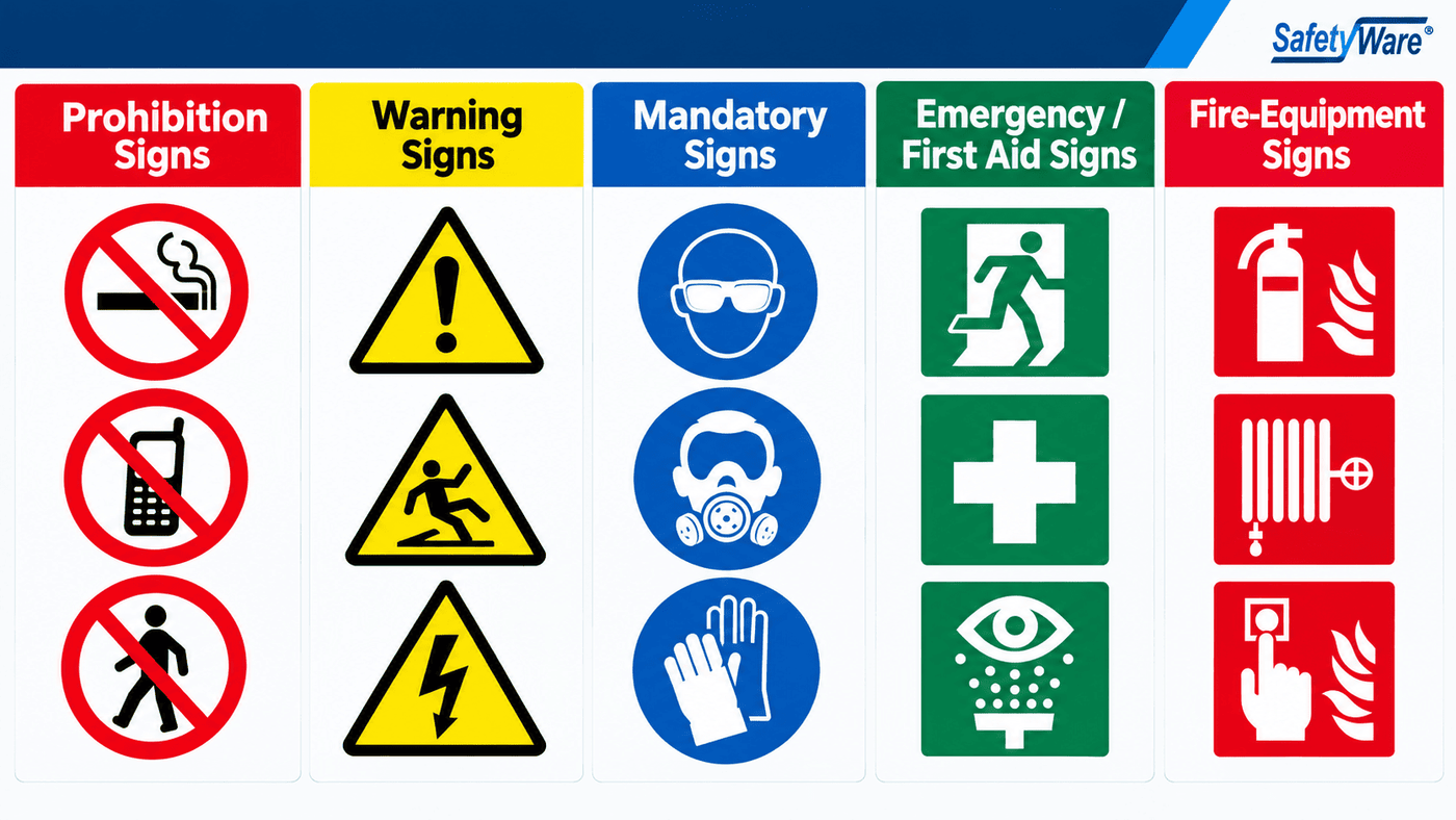 Five safety sign categories showing prohibition warning mandatory emergency and fire signs