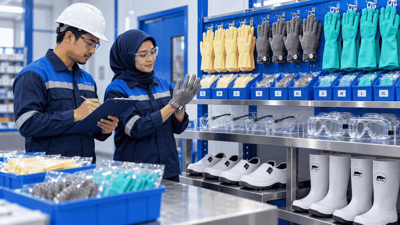 Safety supervisor and buyer checking SAFETYWARE PPE condition, sizes and replacement stock.