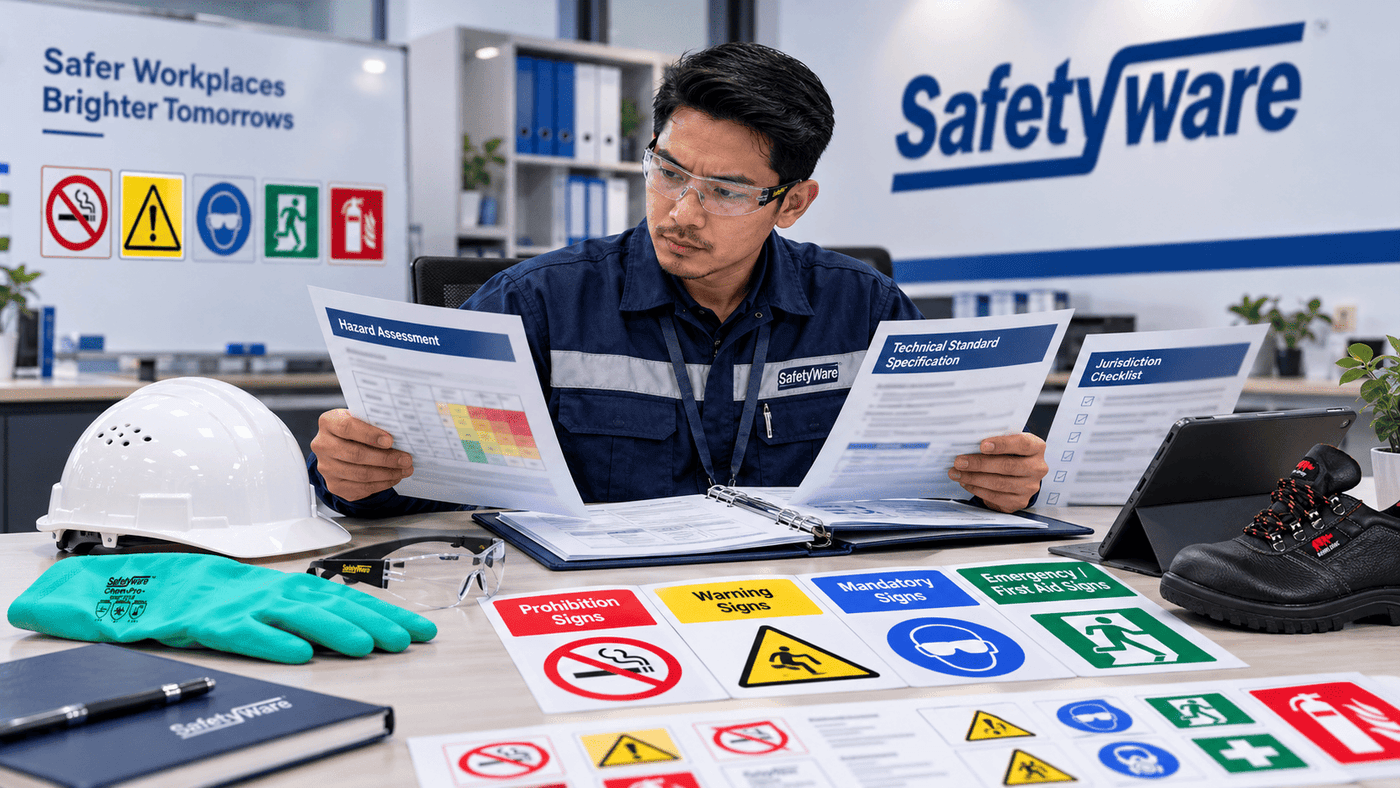 Safety manager comparing risk assessment standards and law before selecting safety signs