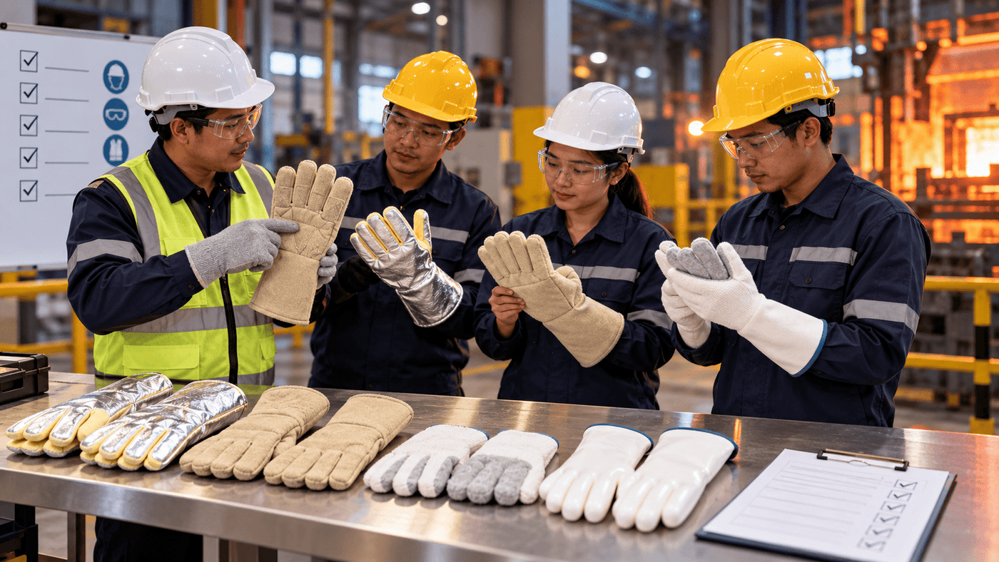 Safety manager training workers to inspect heat-resistant gloves before hot work