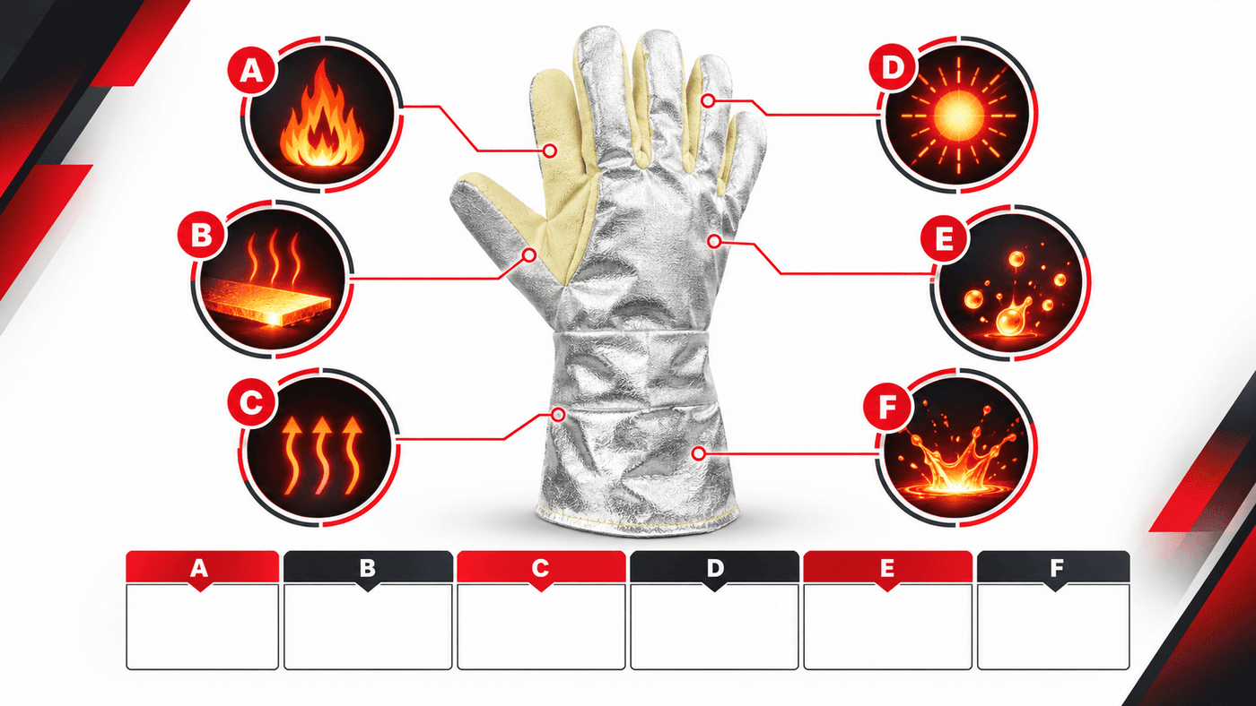 Visual guide to the six EN 407 heat-resistant glove performance categories