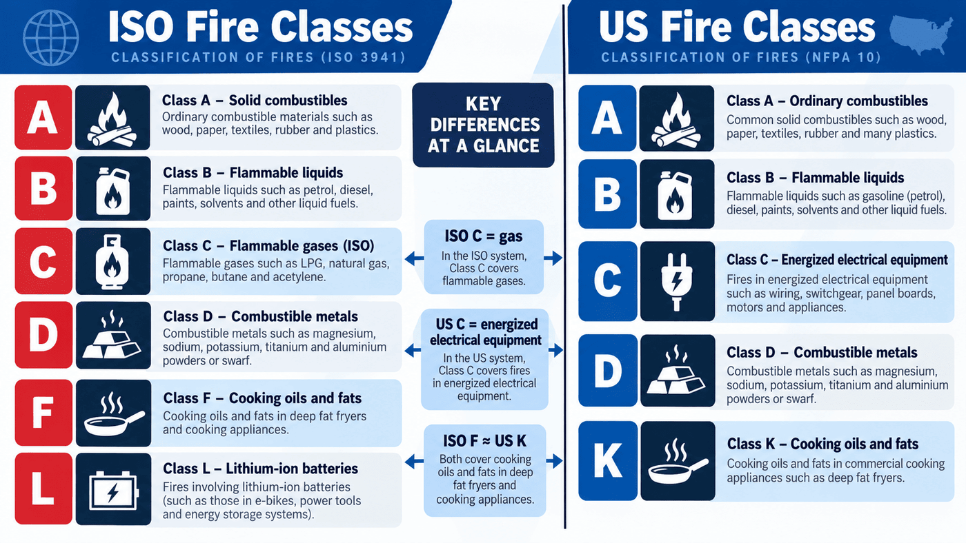 Comparison of ISO fire classes A B C D F L and US classes A B C D K