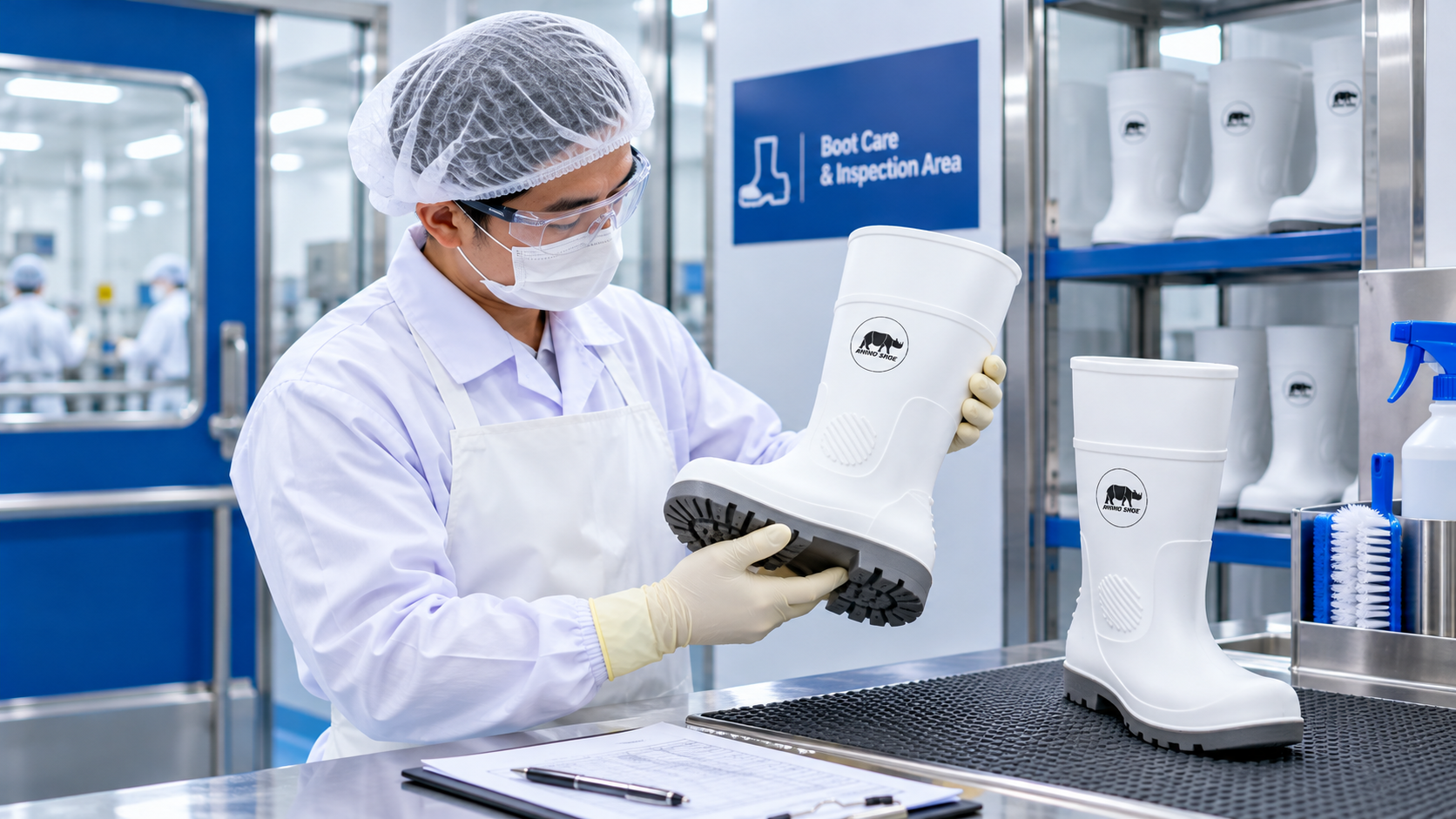 Worker inspecting RHINO SHOE Wellington boots at a food-factory footwear station.