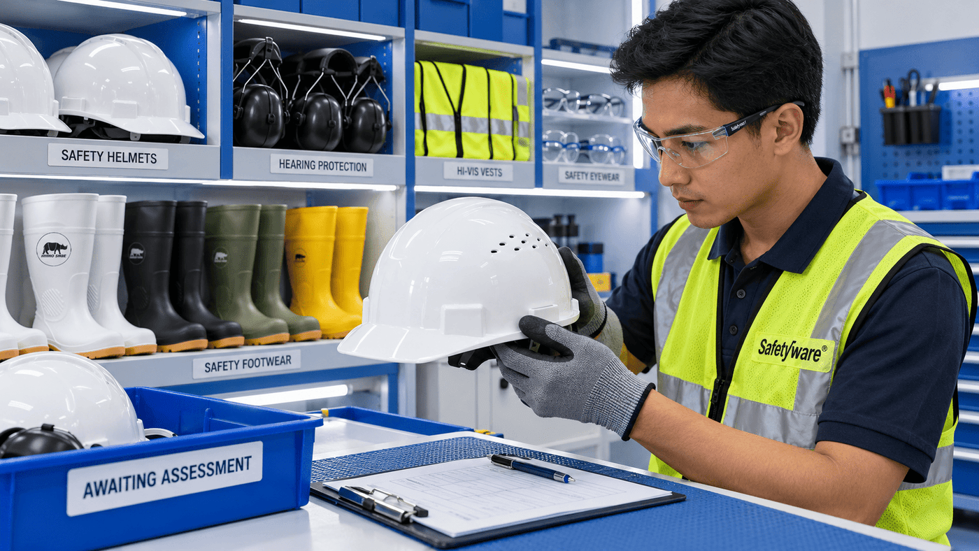 Safety coordinator inspecting protective equipment beside an organised PPE storage cabinet.