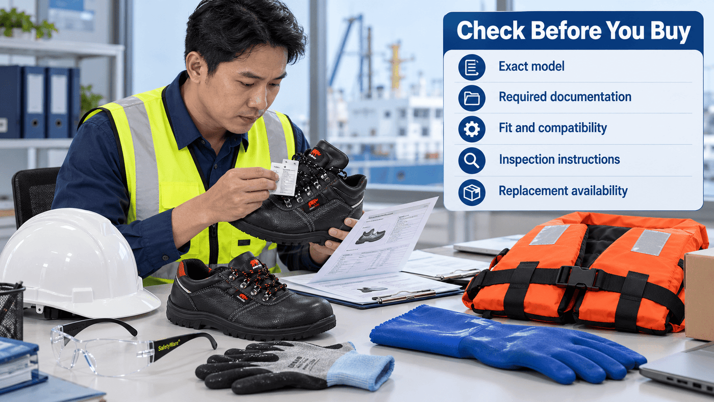 Safety manager checking marine PPE specifications and inspection records