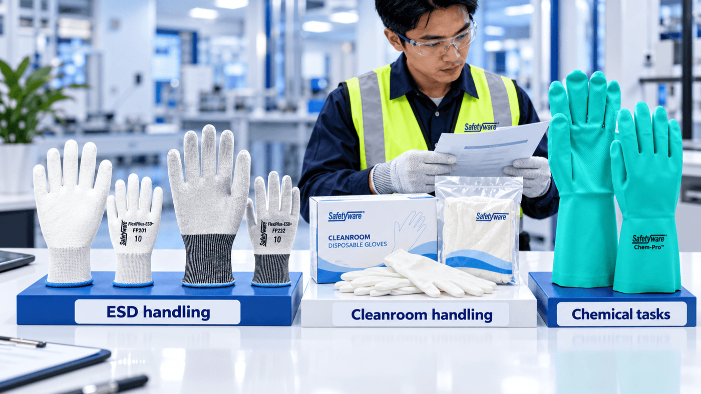 Comparing ESD, cleanroom and chemical protective gloves for semiconductor tasks.