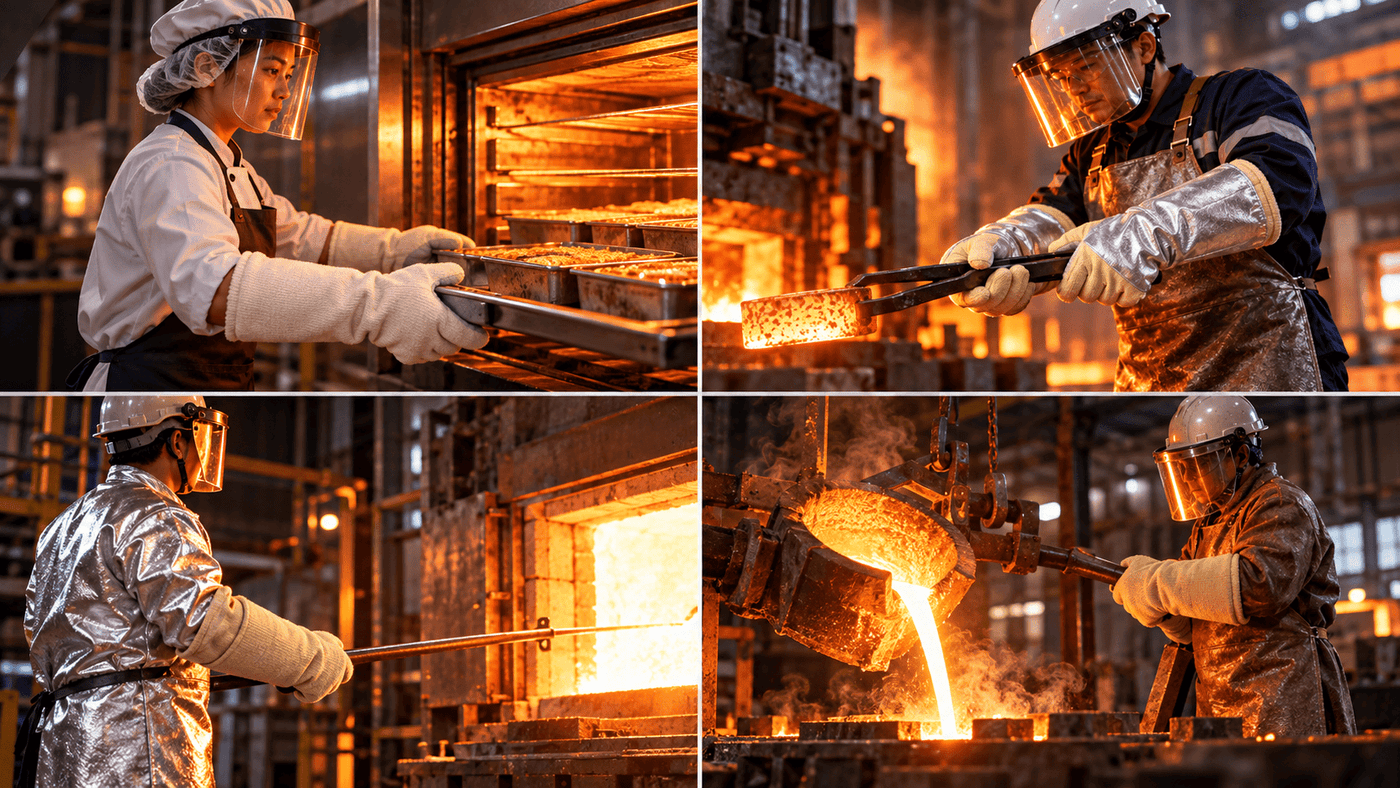 Different heat-resistant gloves selected for ovens, hot metal, furnaces and foundry work