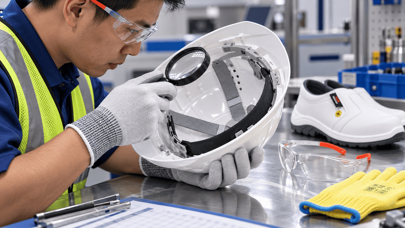 Safety professional verifying markings on SAFETYWARE personal protective equipment