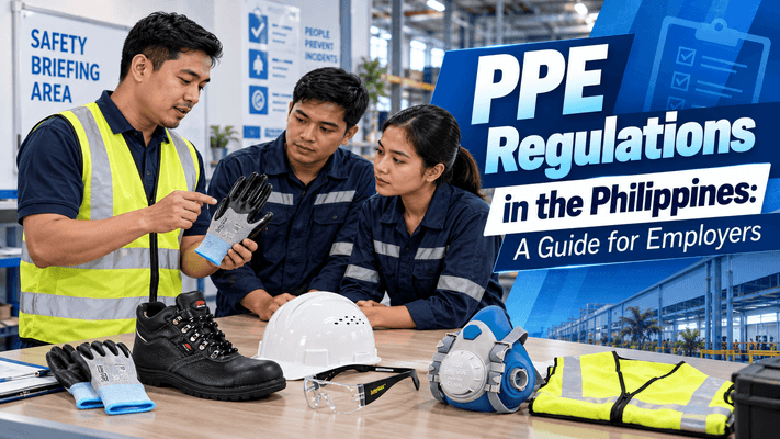 Philippine workplace safety manager reviewing PPE with workers and SAFETYWARE equipment.