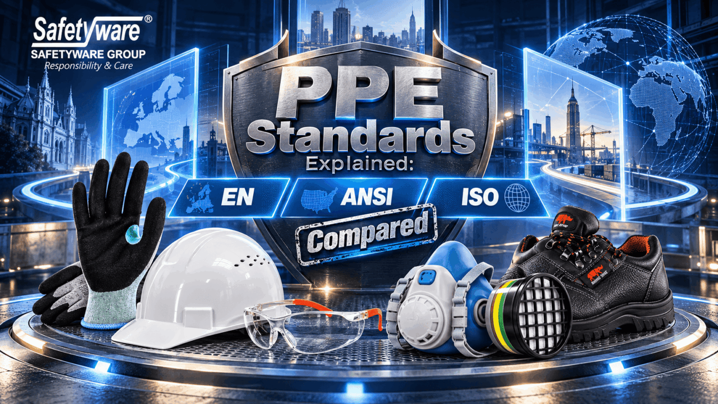 SAFETYWARE PPE with EN, ANSI and ISO standards comparison title