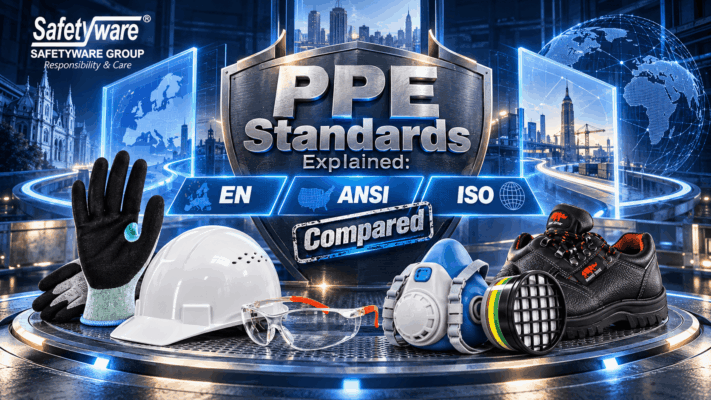 SAFETYWARE PPE with EN, ANSI and ISO standards comparison title