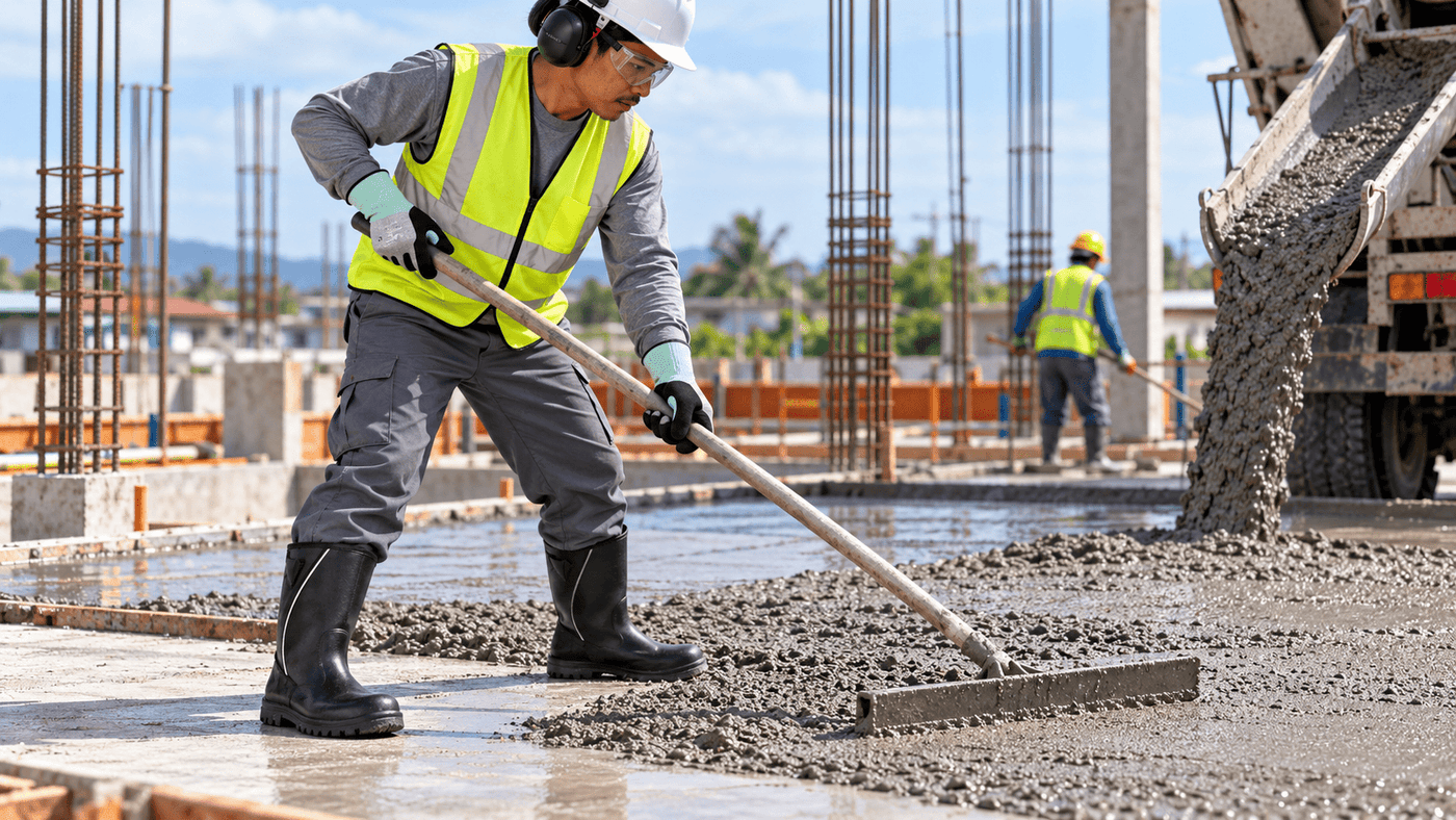 Construction worker using gloves, splash goggles and protective boots during wet concrete work.