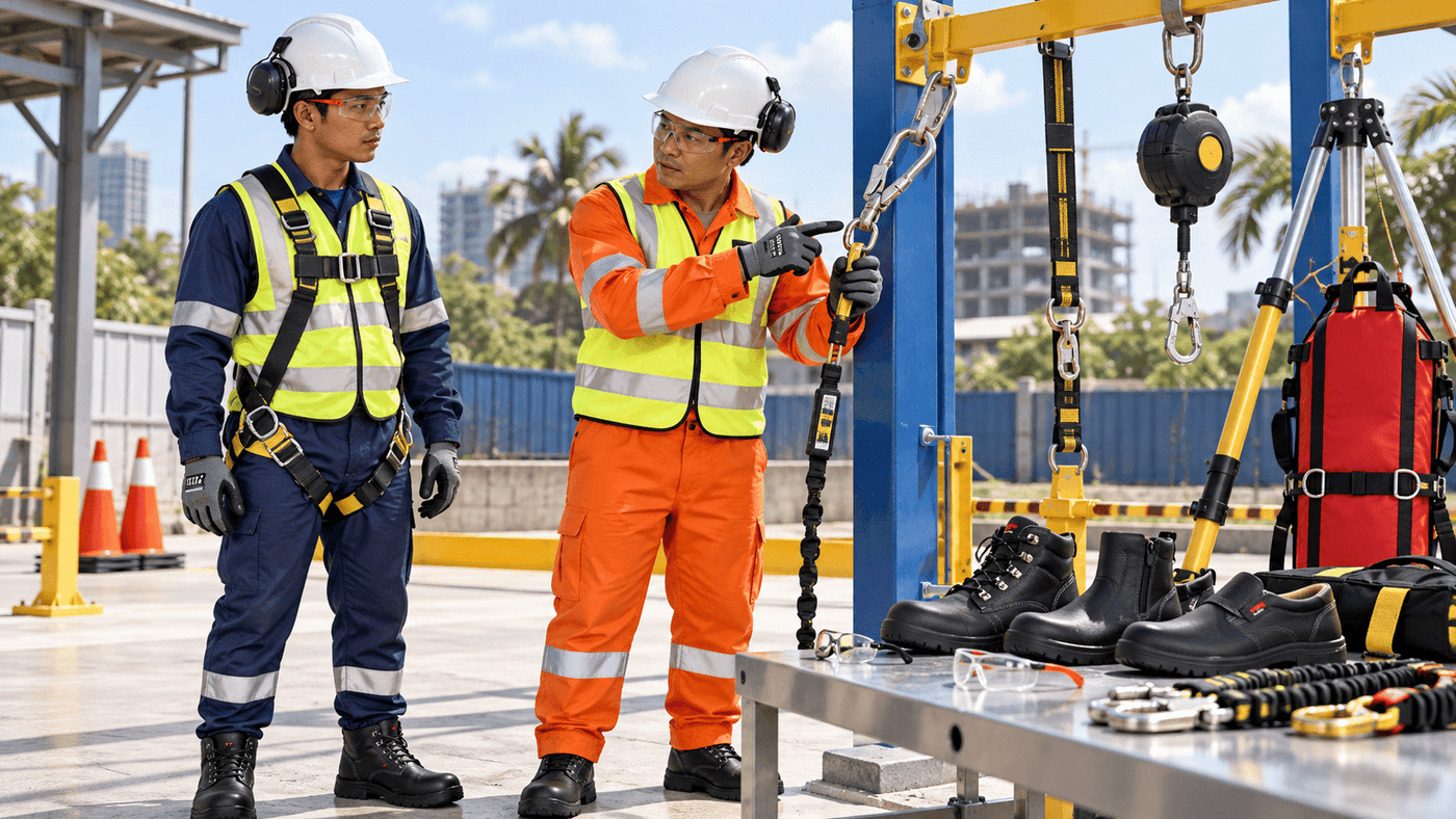 Ground-level training on harness fit and compatible fall-protection equipment for construction workers.