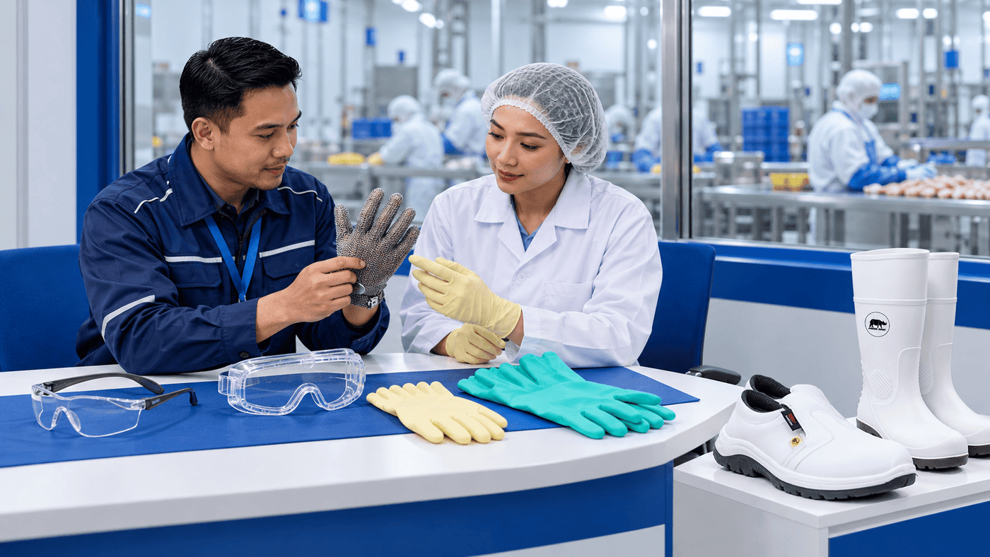 Indonesian safety and quality staff reviewing PPE and hygiene arrangements before food production.