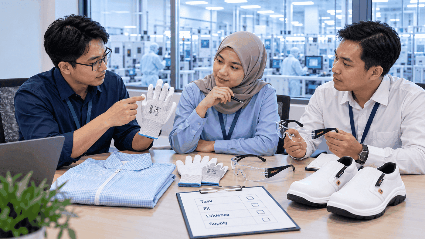 EHS and purchasing staff reviewing PPE samples and documentation for a semiconductor facility in Malaysia.