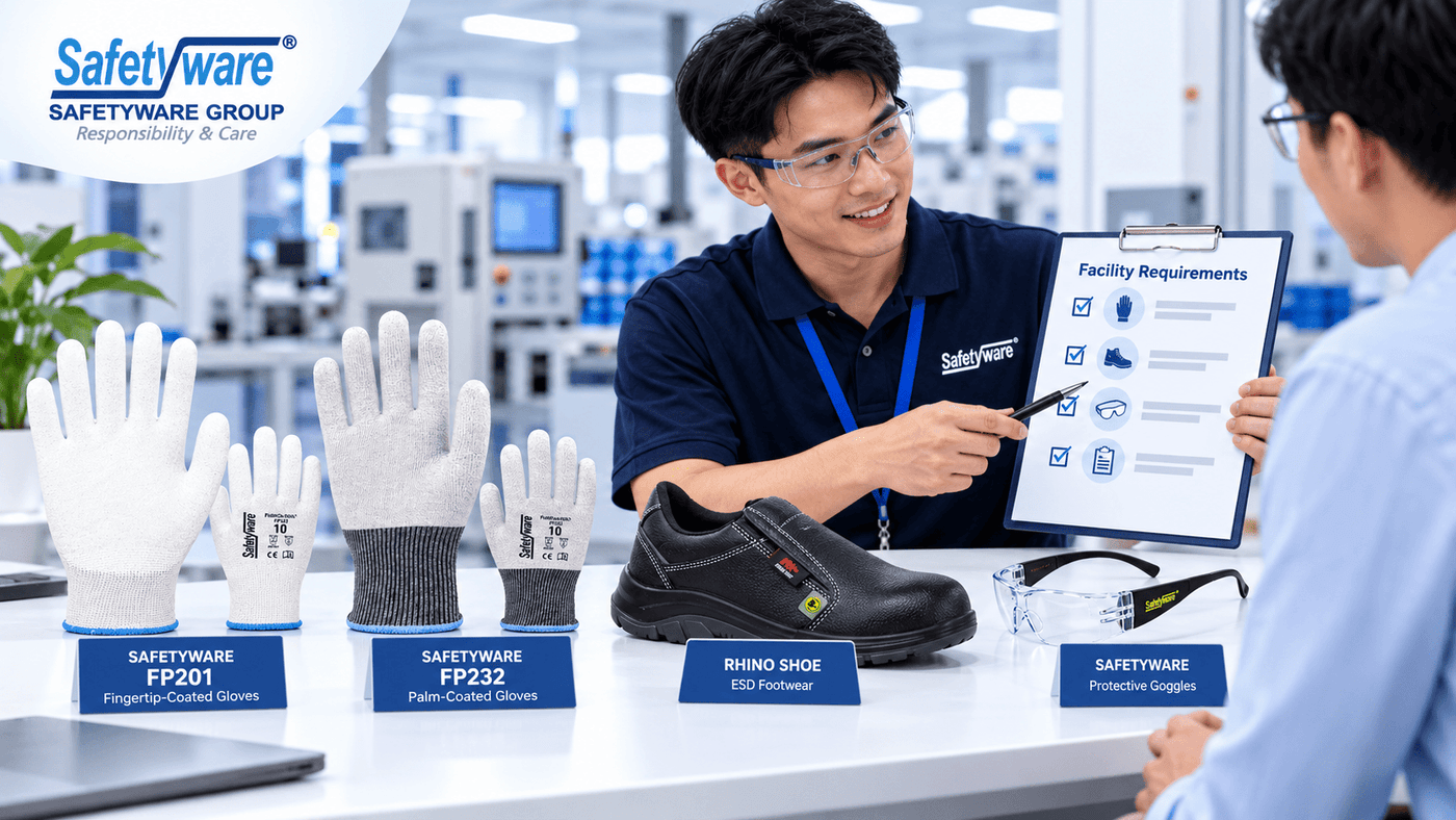 SAFETYWARE gloves and RHINO SHOE ESD footwear reviewed for semiconductor workplace requirements.