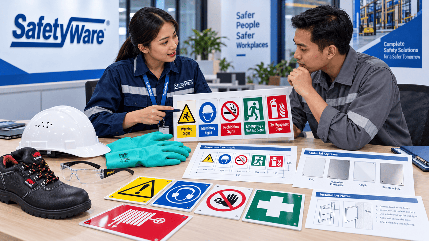 SAFETYWARE workplace signage solutions for warning mandatory emergency and fire signs