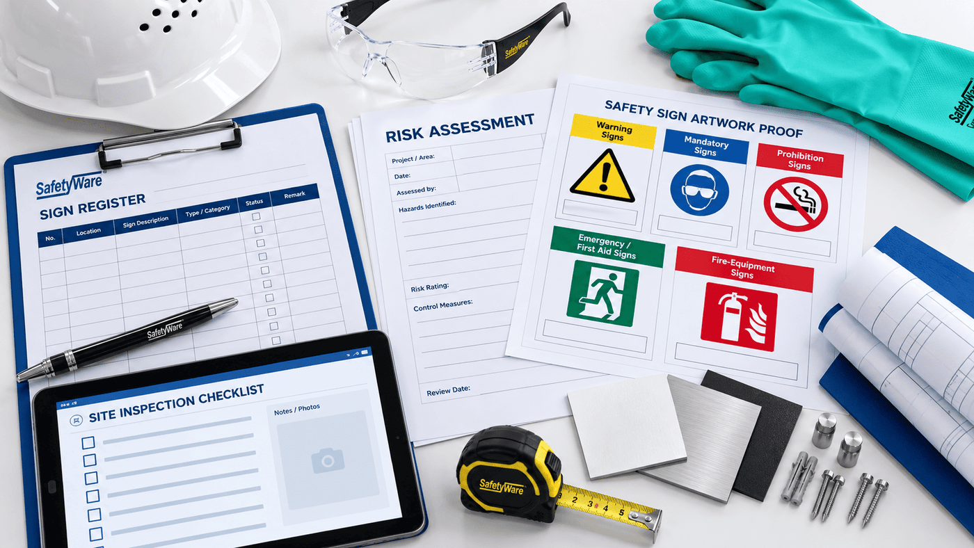 Safety sign procurement checklist with artwork material and inspection records