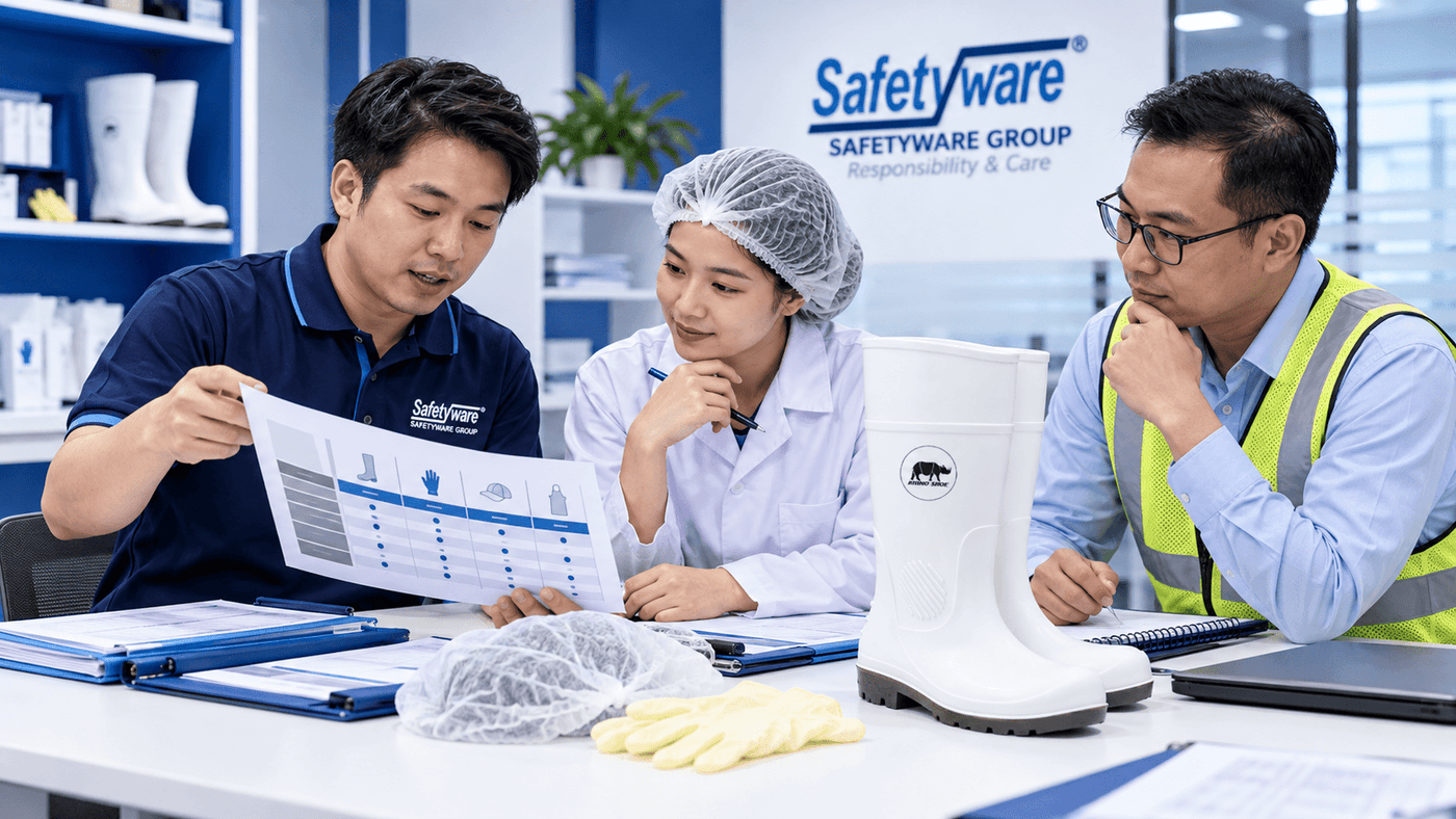 Safety and food-quality teams reviewing SAFETYWARE PPE samples and technical documents.