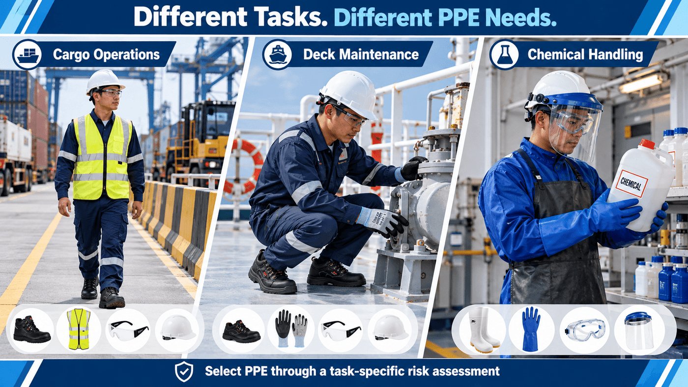 Task-based PPE for cargo, mooring and work at height in shipping