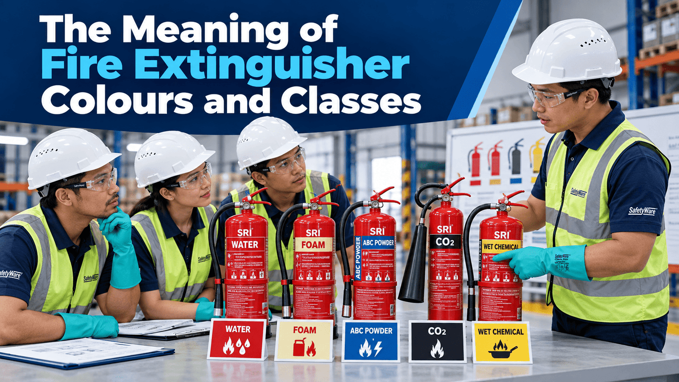 SAFETYWARE guide explaining fire extinguisher colours and fire classes