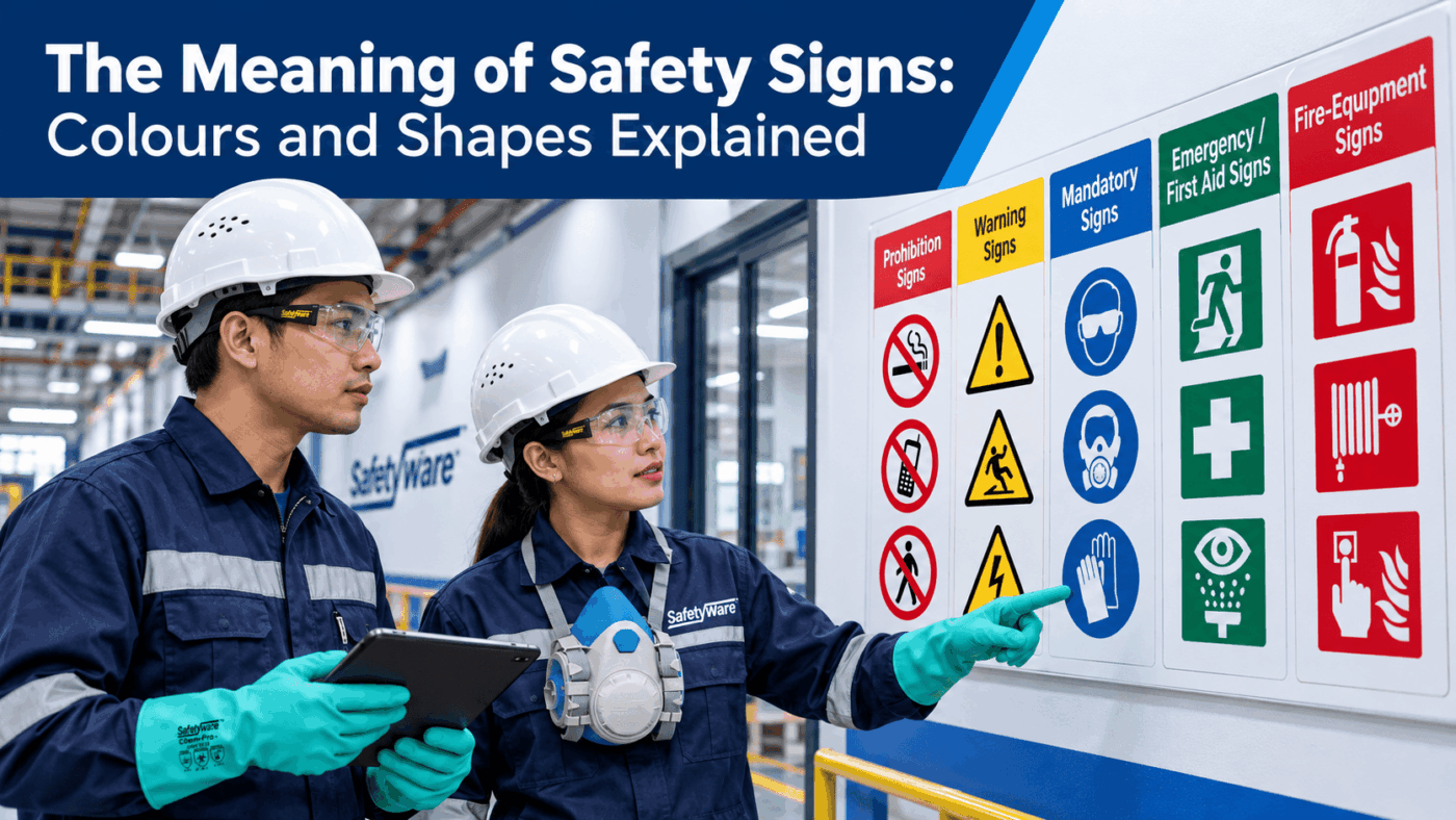 SAFETYWARE guide to safety sign colours and shapes in an industrial workplace