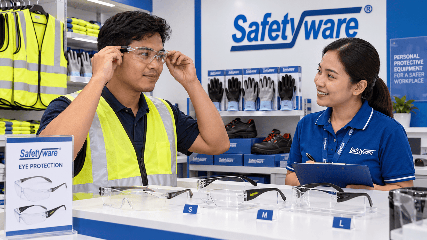 Worker checking the fit of safety eyewear during a PPE issue session.