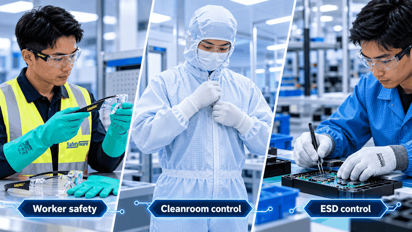 Three separate selection goals for semiconductor equipment: worker safety, cleanliness and ESD control.