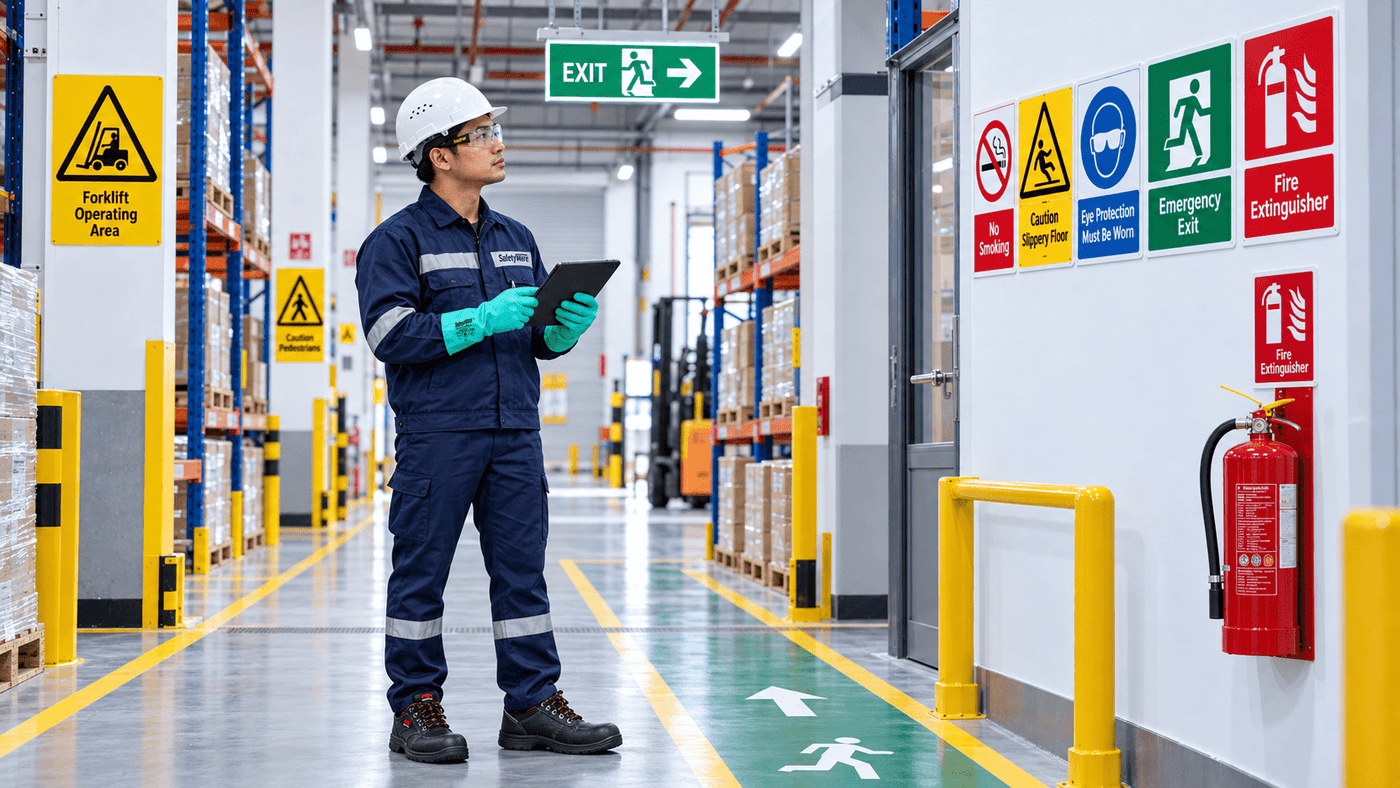 SAFETYWARE safety officer auditing workplace sign placement in a warehouse