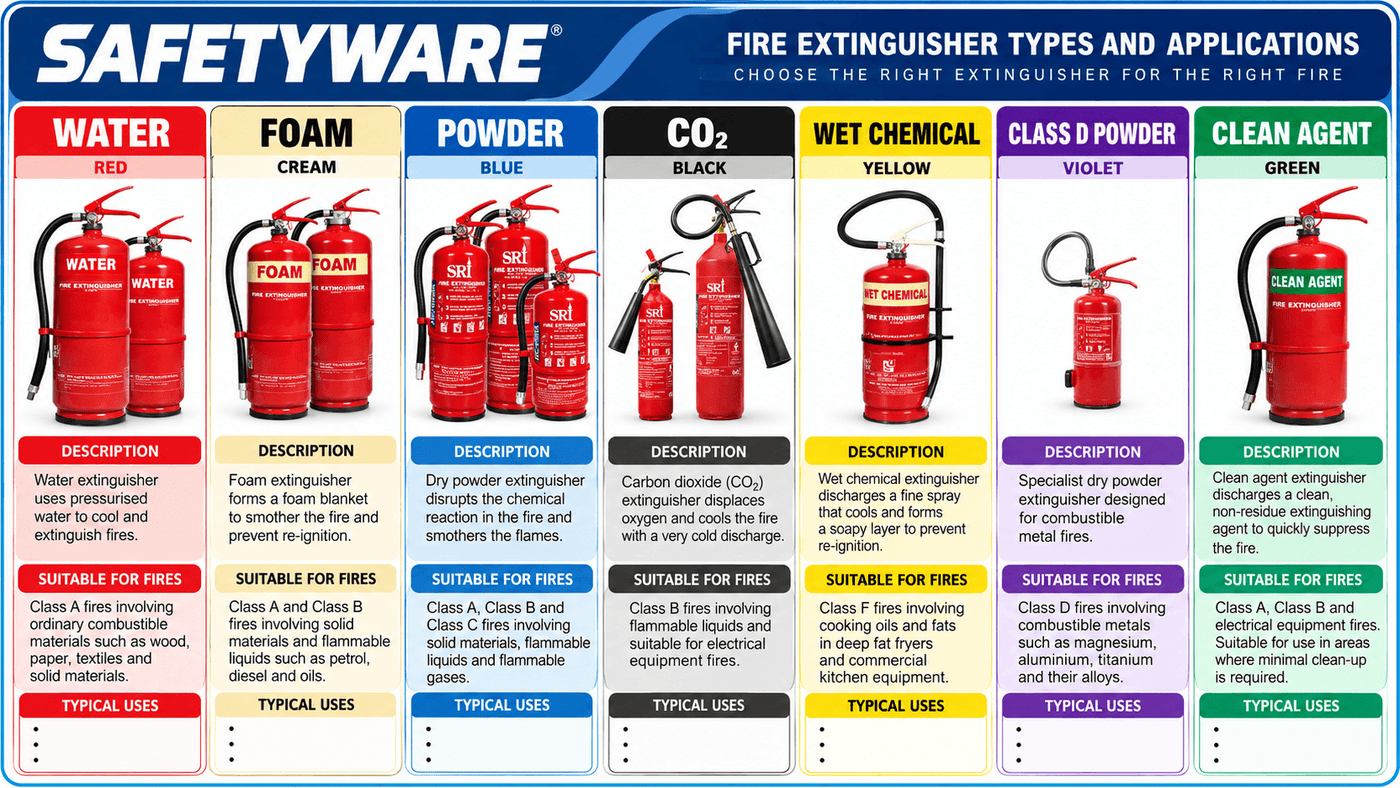 Fire extinguisher colour bands for water foam powder CO2 wet chemical and specialist agents