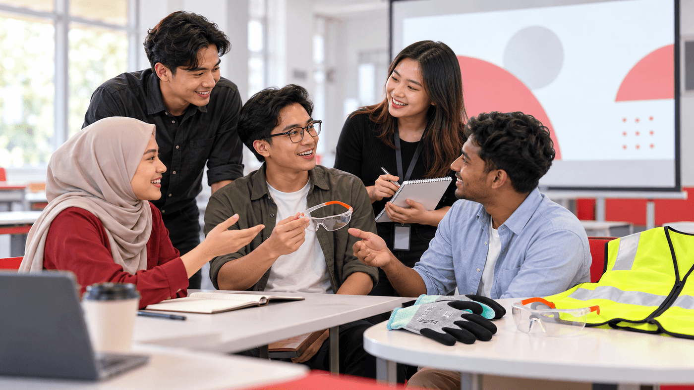 Promotional illustration of Malaysian professionals and students exchanging workplace safety ideas.