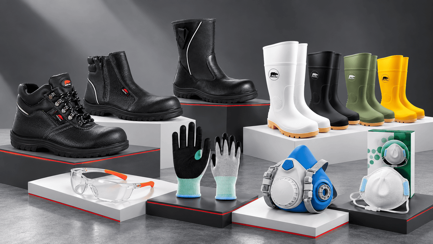 SAFETYWARE PPE and RHINO SHOE footwear arranged for a workplace product discussion.