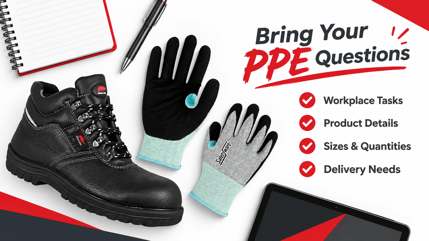 Checklist graphic for preparing workplace tasks, product details, quantities and delivery needs for Safetyware.